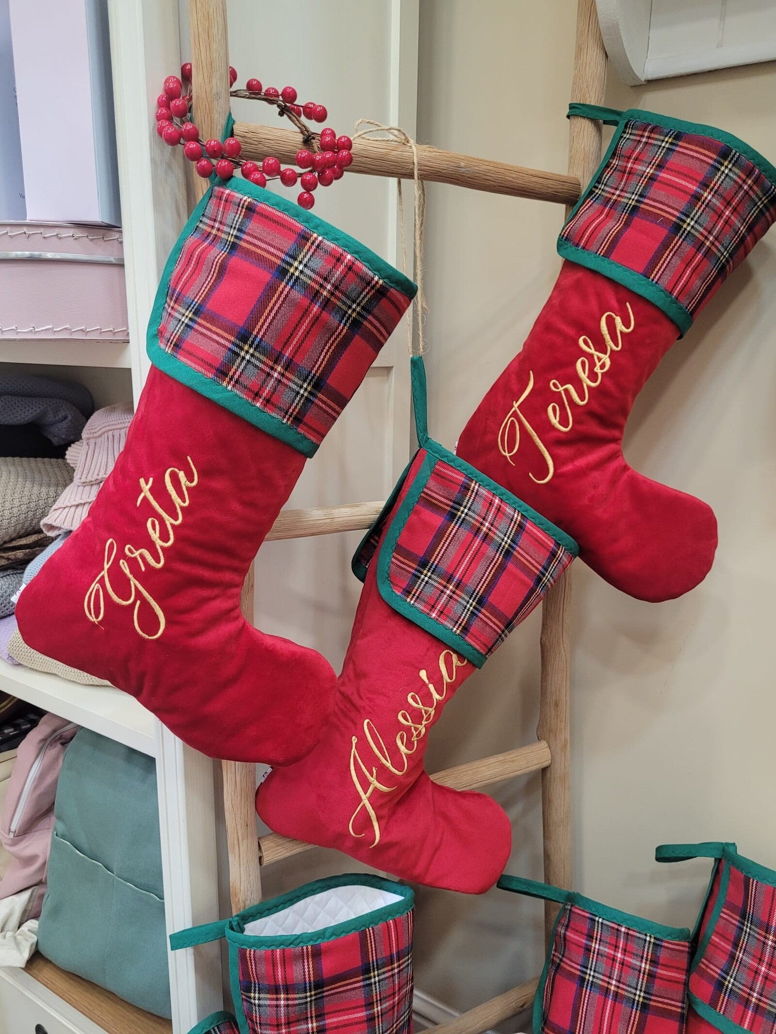 Calza di Natale in velluto e tartan con nome