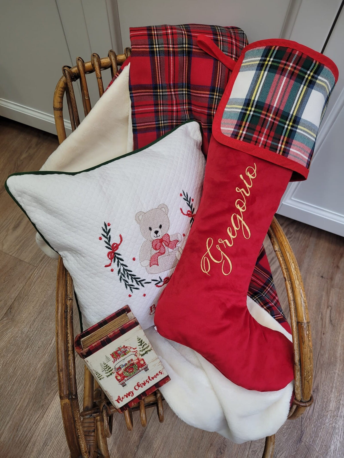 Calza di Natale in velluto e tartan con nome