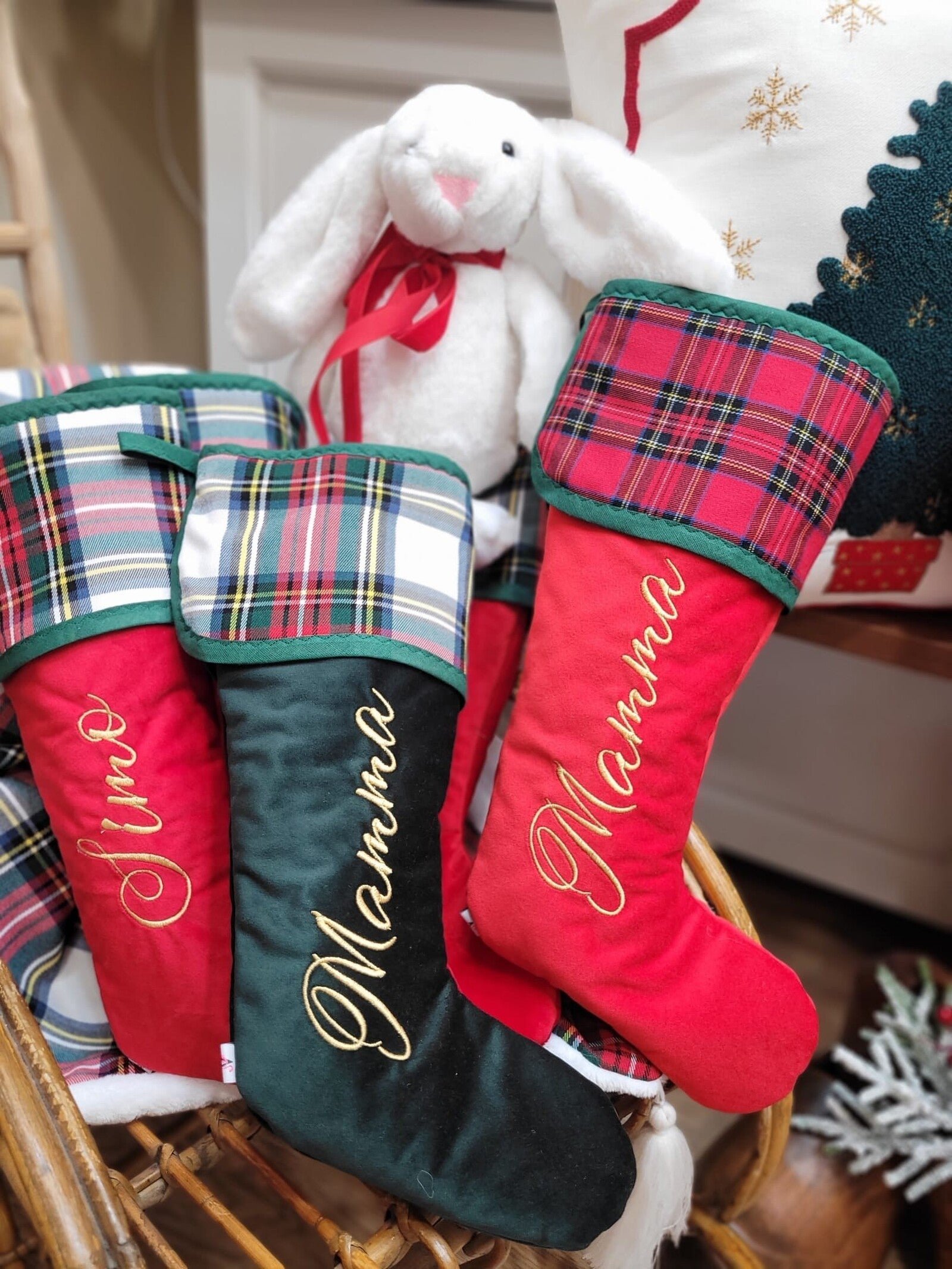 Calza di Natale in velluto e tartan con nome