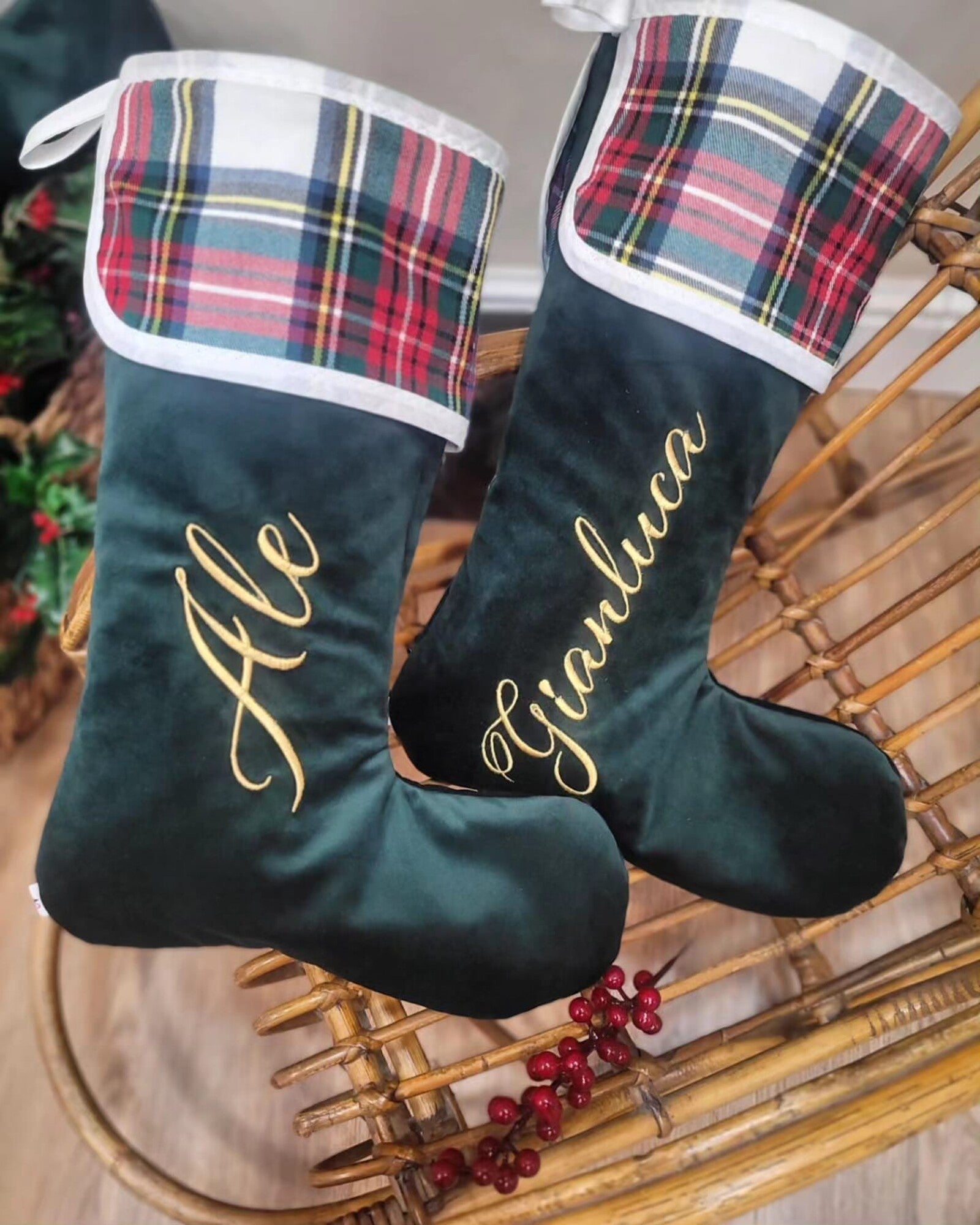 Calza di Natale in velluto e tartan con nome