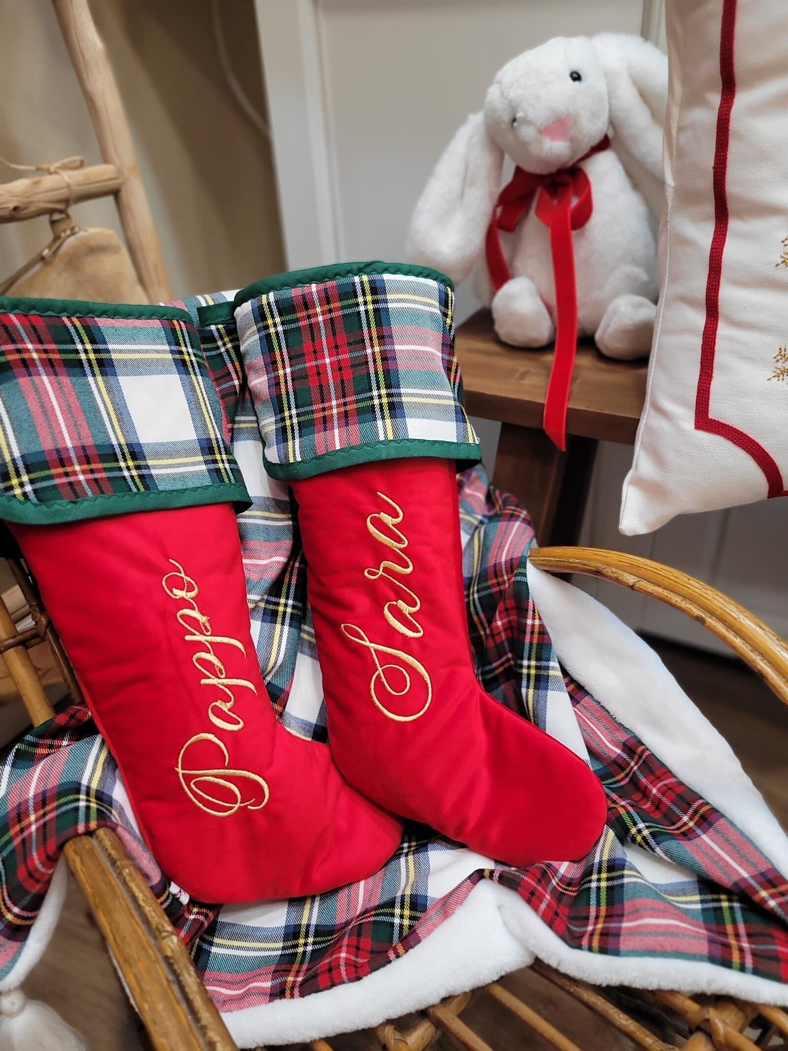 Calza di Natale in velluto e tartan con nome
