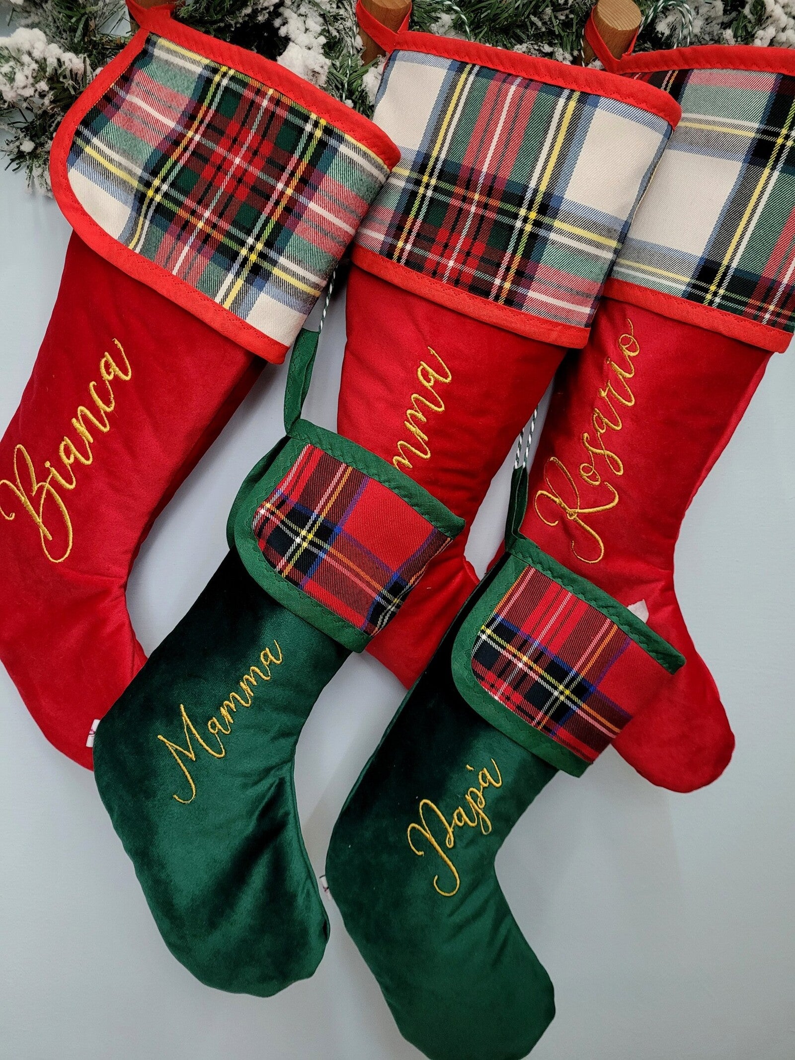 Calza di Natale in velluto e tartan con nome