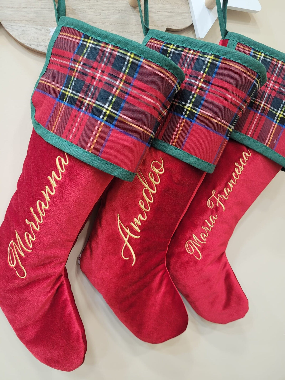 Calza di Natale in velluto e tartan con nome