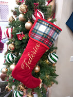 Calza di Natale in velluto e tartan con nome