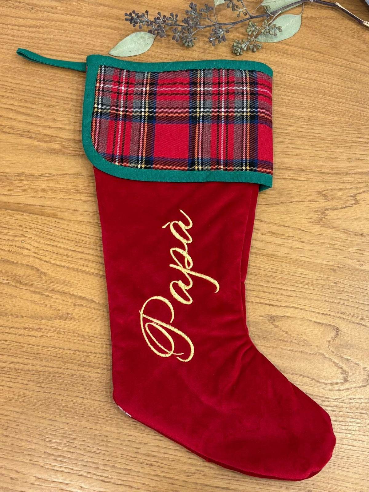 Calza di Natale in velluto e tartan con nome