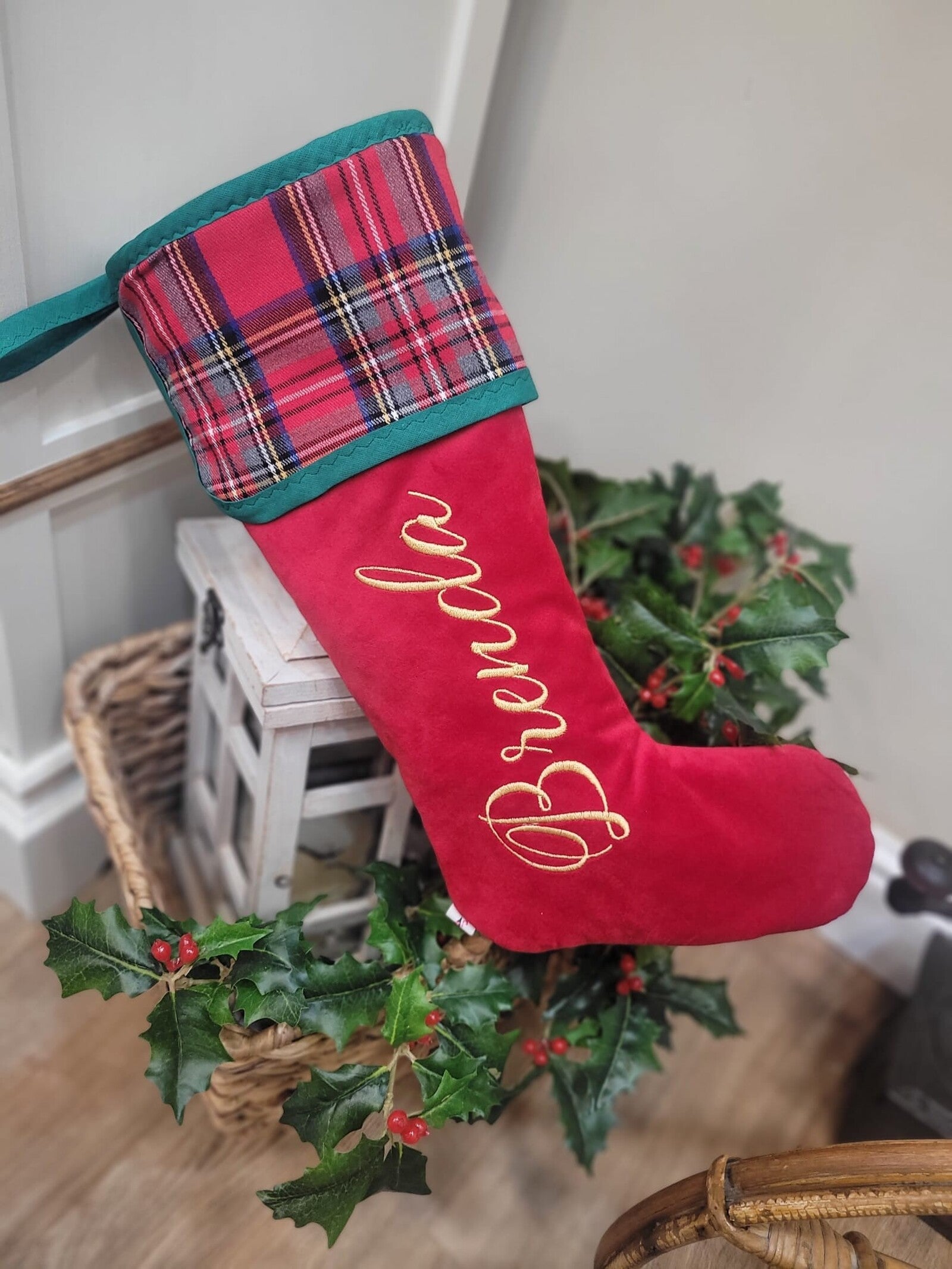 Calza di Natale in velluto e tartan con nome