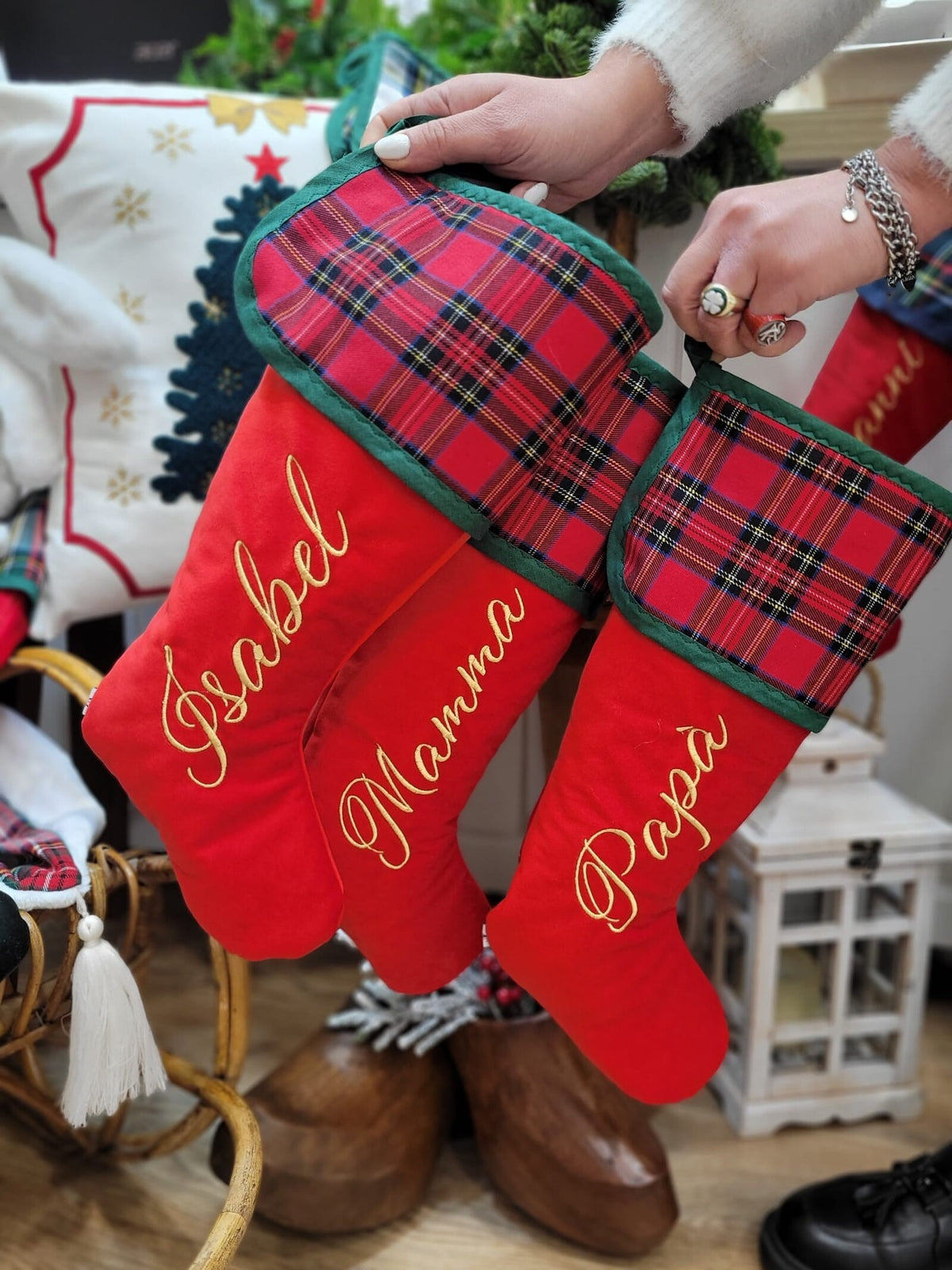 Calza di Natale in velluto e tartan con nome