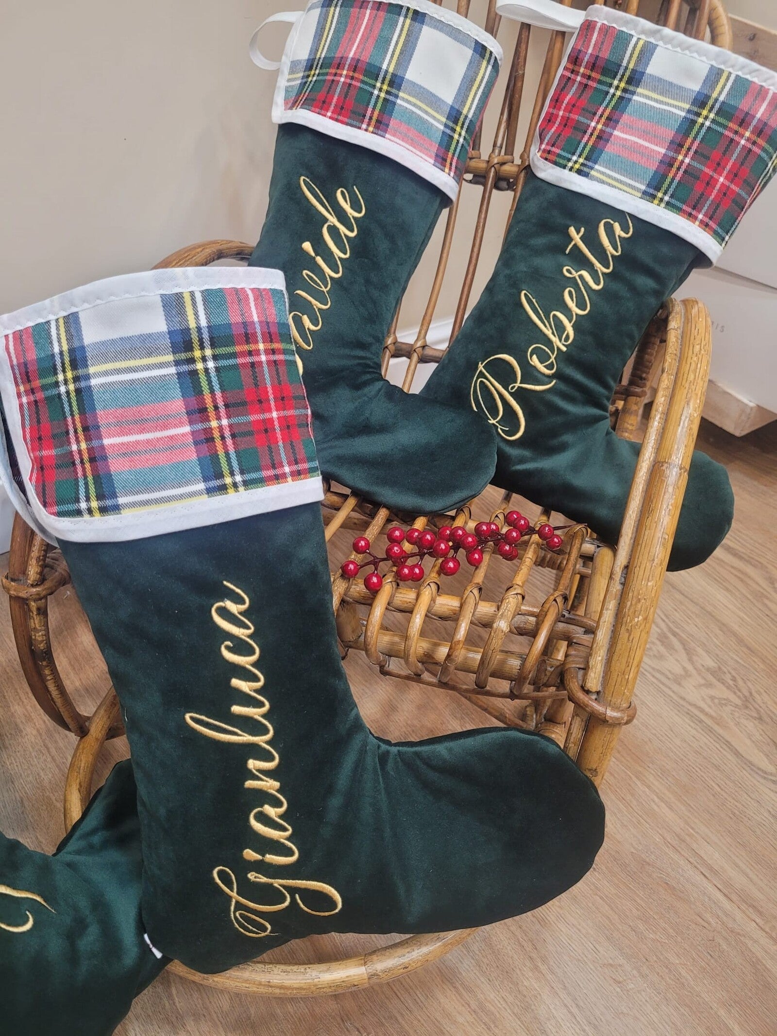 Calza di Natale in velluto e tartan con nome