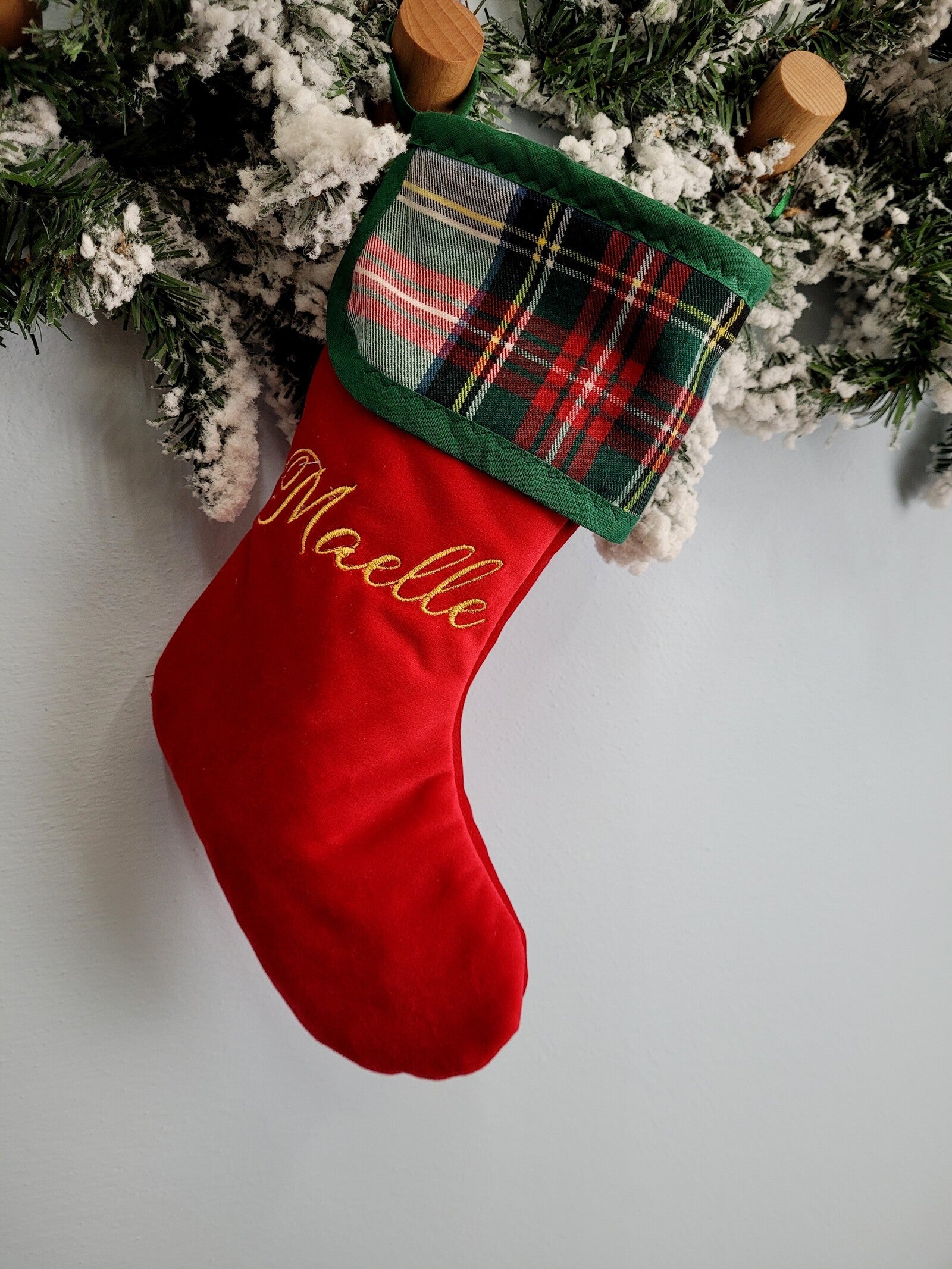 Calza di Natale in velluto e tartan con nome