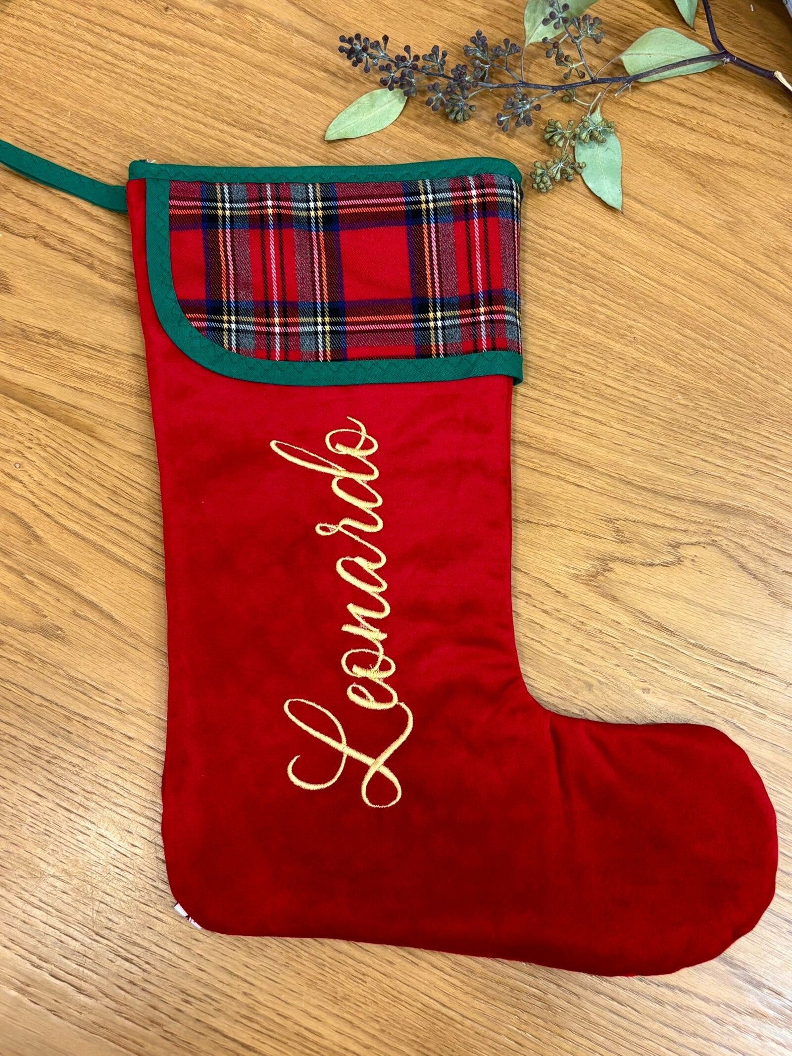 Calza di Natale in velluto e tartan con nome