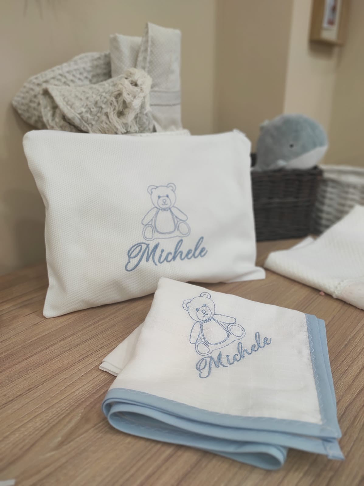 Coordinato cambio personalizzato, pochette con quadrato di cotone