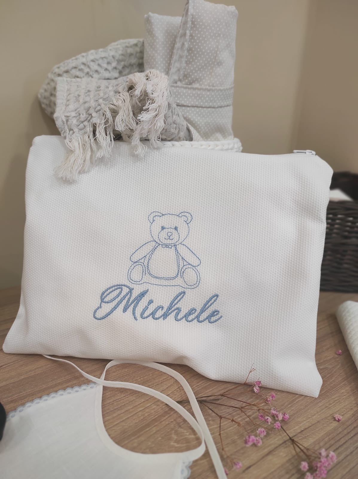 Coordinato cambio personalizzato, pochette con quadrato di cotone