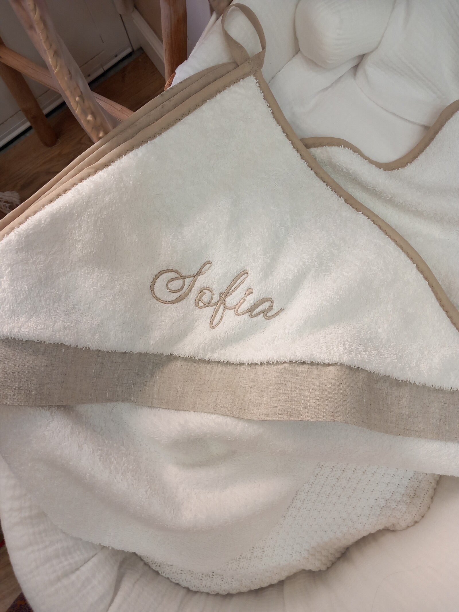 Accappatoio neonato in spugna di cotone e lino