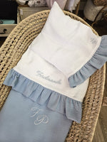 Coordinato nascita in mussola, Lenzuolino con federa cuscino, coprimaterassino e copertina