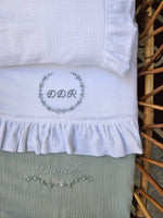 Coordinato nascita in mussola, Lenzuolino con federa cuscino, coprimaterassino e copertina