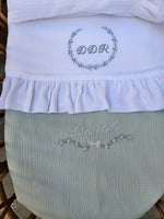 Coordinato nascita in mussola, Lenzuolino con federa cuscino, coprimaterassino e copertina