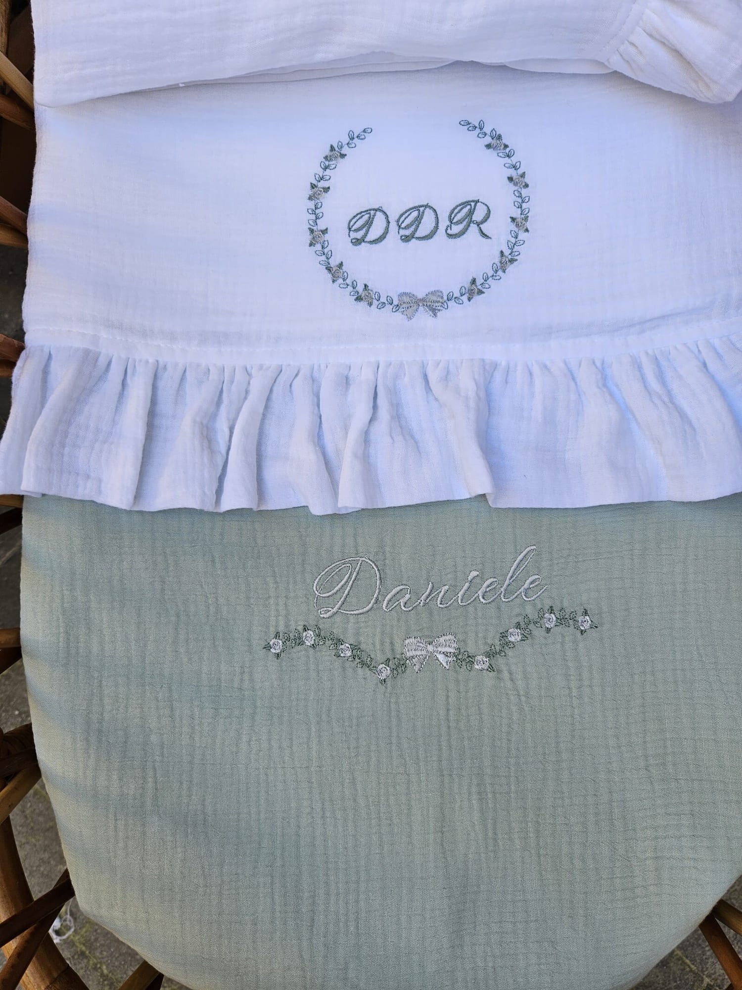 Coordinato nascita in mussola, Lenzuolino con federa cuscino, coprimaterassino e copertina