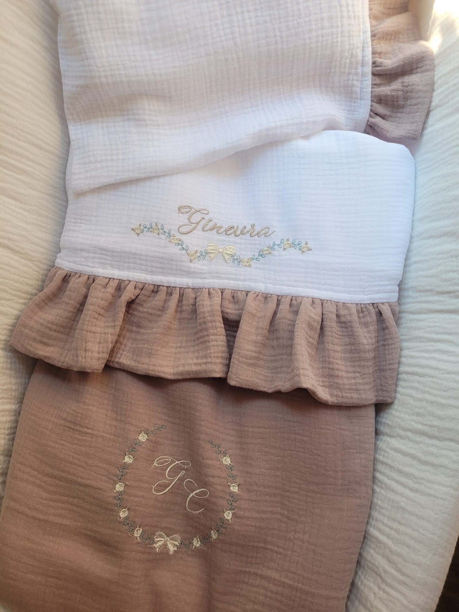 Coordinato nascita in mussola, Lenzuolino con federa cuscino, coprimaterassino e copertina