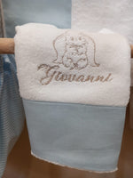 Asciugamani in spugna viso e ospite con fascia in lino