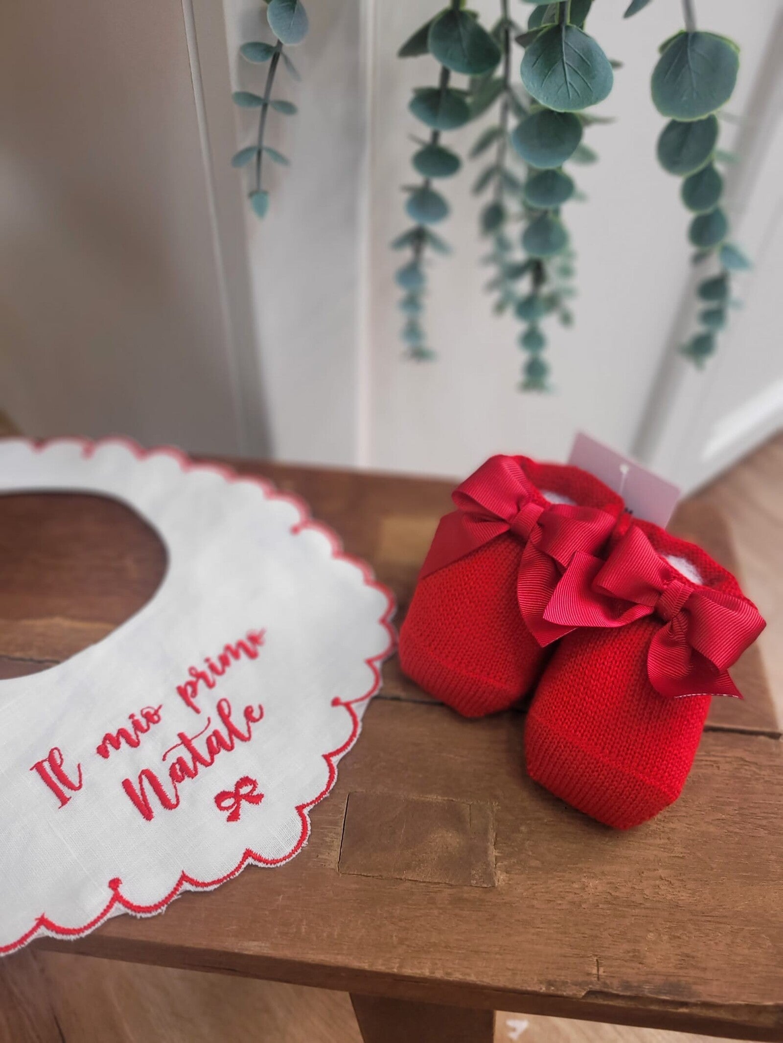 Scarpine neonato in lana con fiocco in gros grain