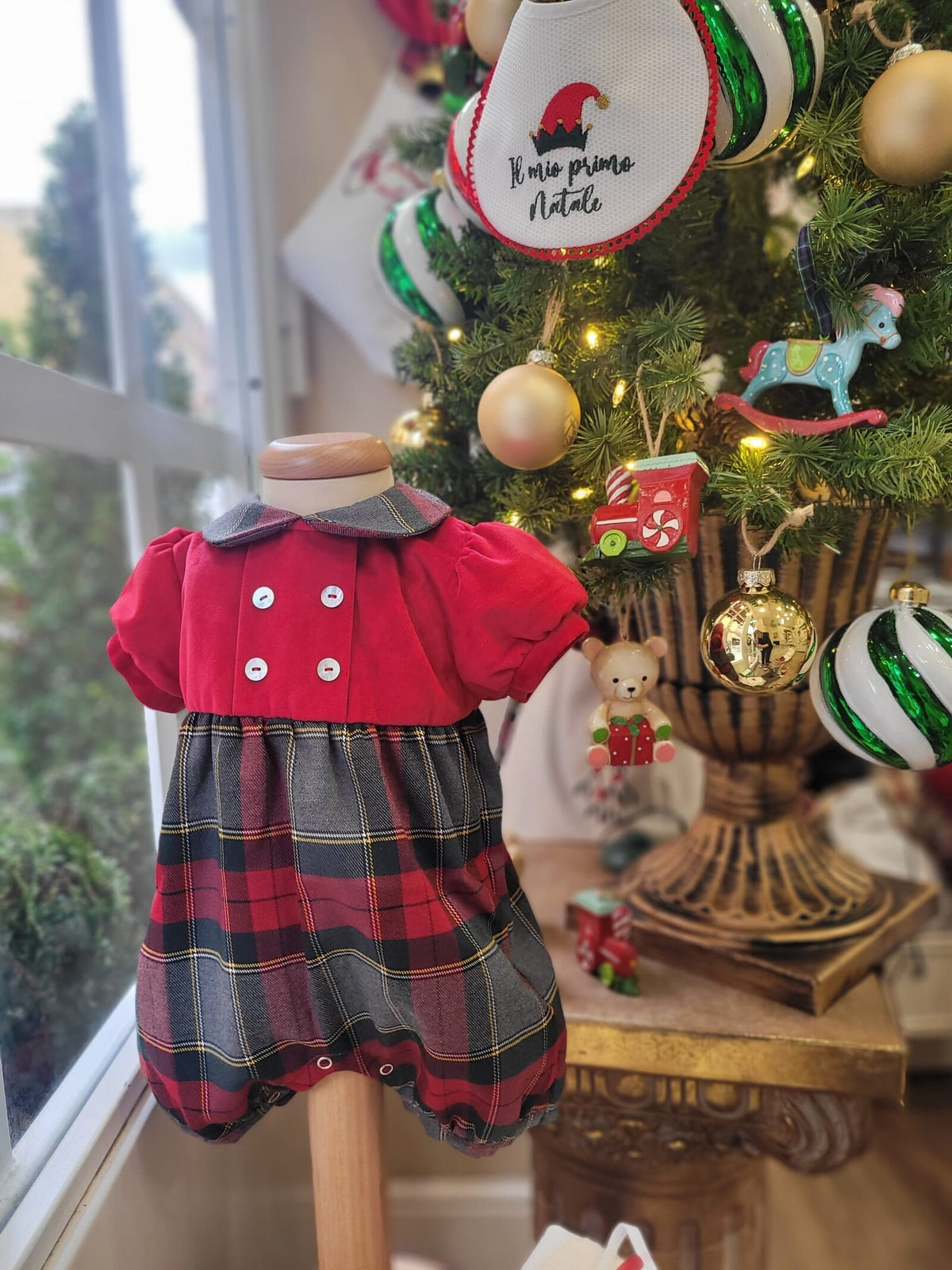 Pagliaccetto velluto e tartan rosso grigio