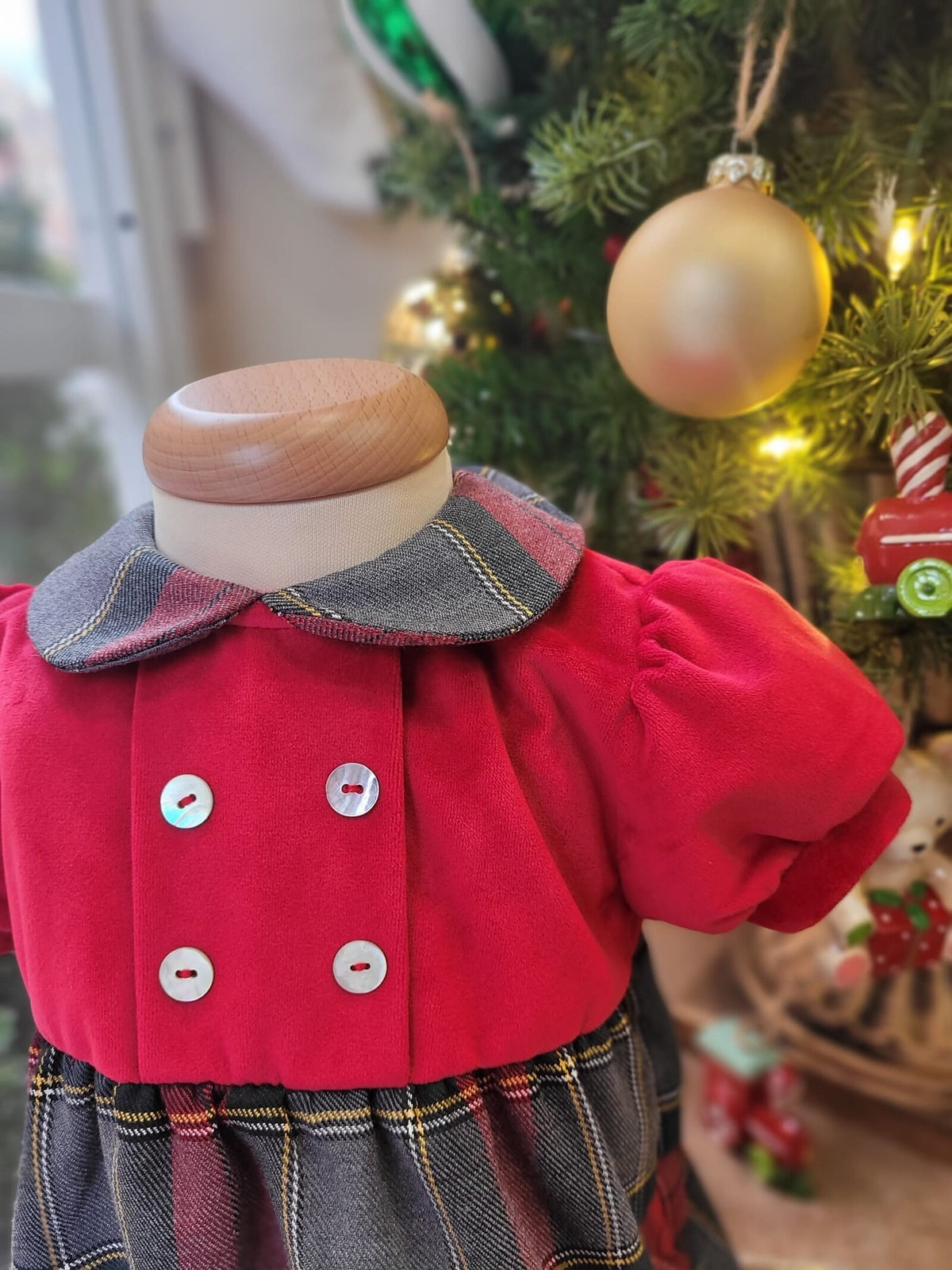 Pagliaccetto velluto e tartan rosso grigio