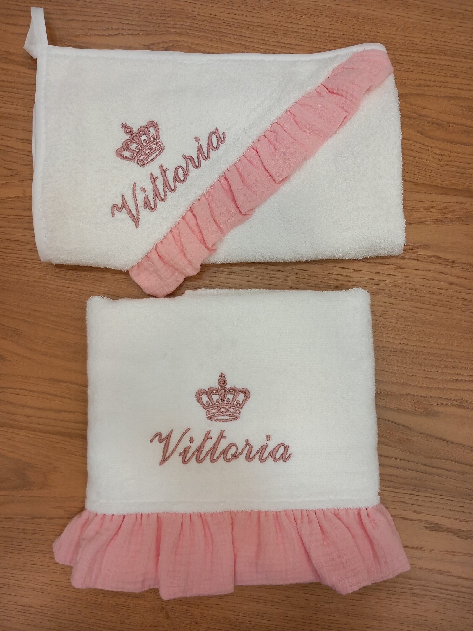 Coordinato bagnetto, accappatoio neonato e telo in spugna di cotone e mussola