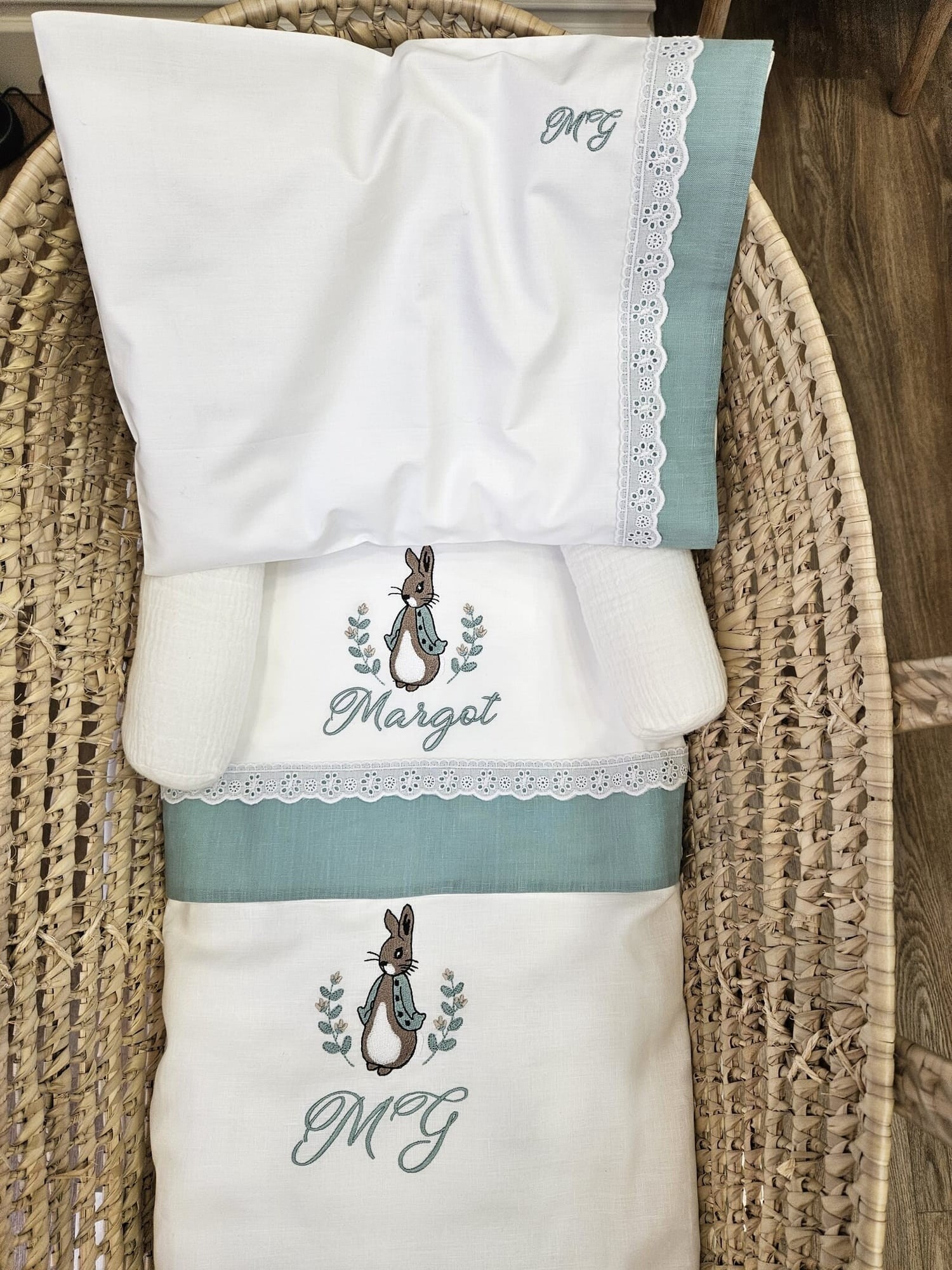 Coordinato culletta Peter Rabbit, Lenzuolino in cotone e pizzo sangallo con copertina a sacco