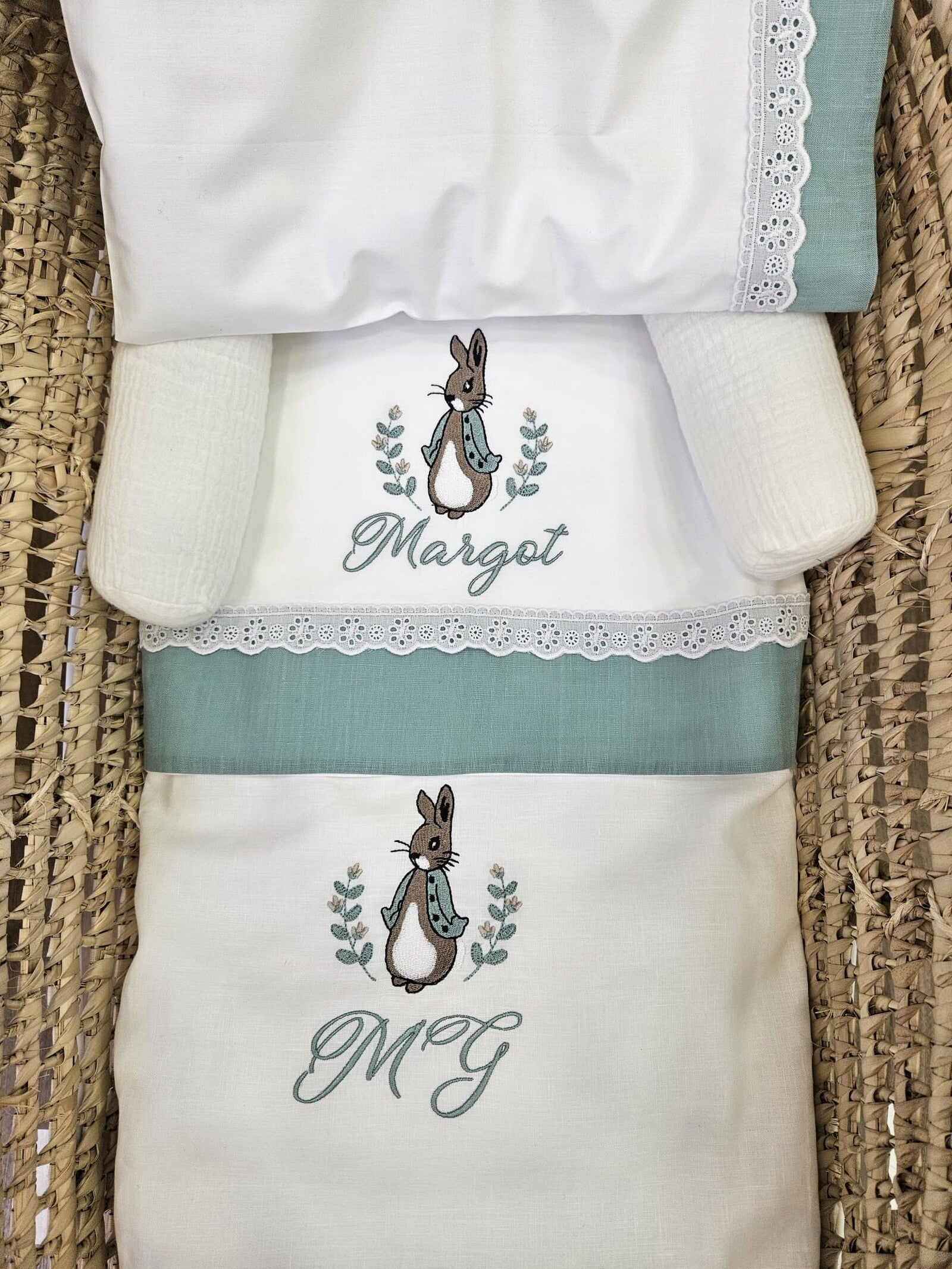 Coordinato culletta Peter Rabbit, Lenzuolino in cotone e pizzo sangallo con copertina a sacco