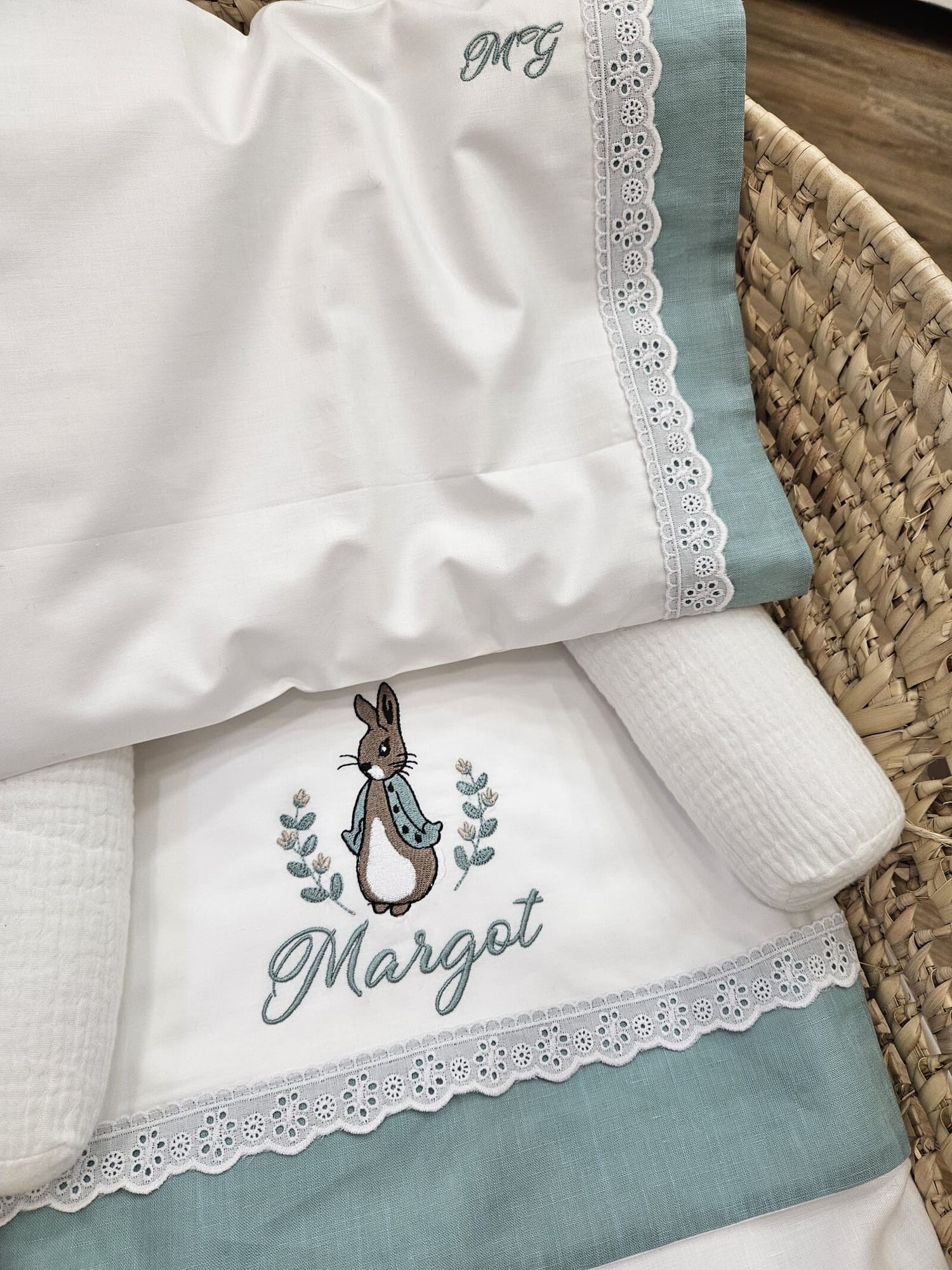 Coordinato culletta Peter Rabbit, Lenzuolino in cotone e pizzo sangallo con copertina a sacco