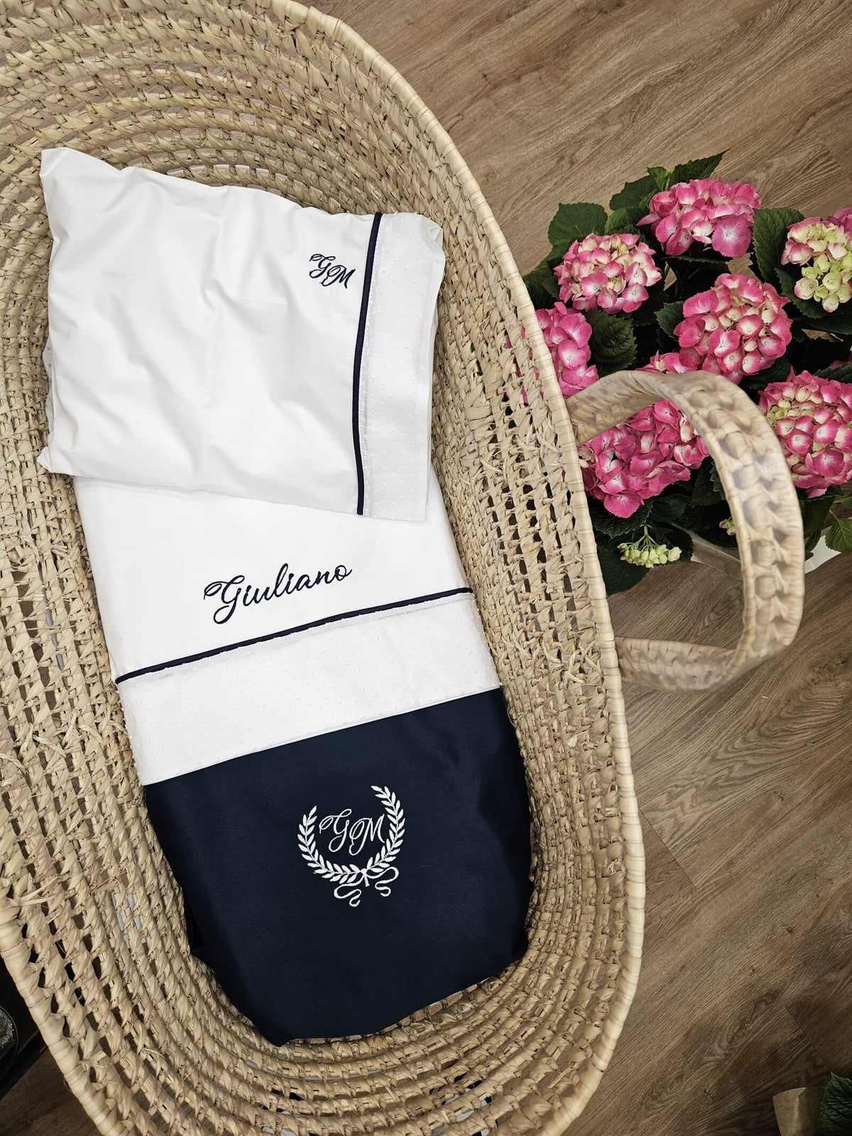 Coordinato nascita in cotone blu, Completo in cotone per carrozzina