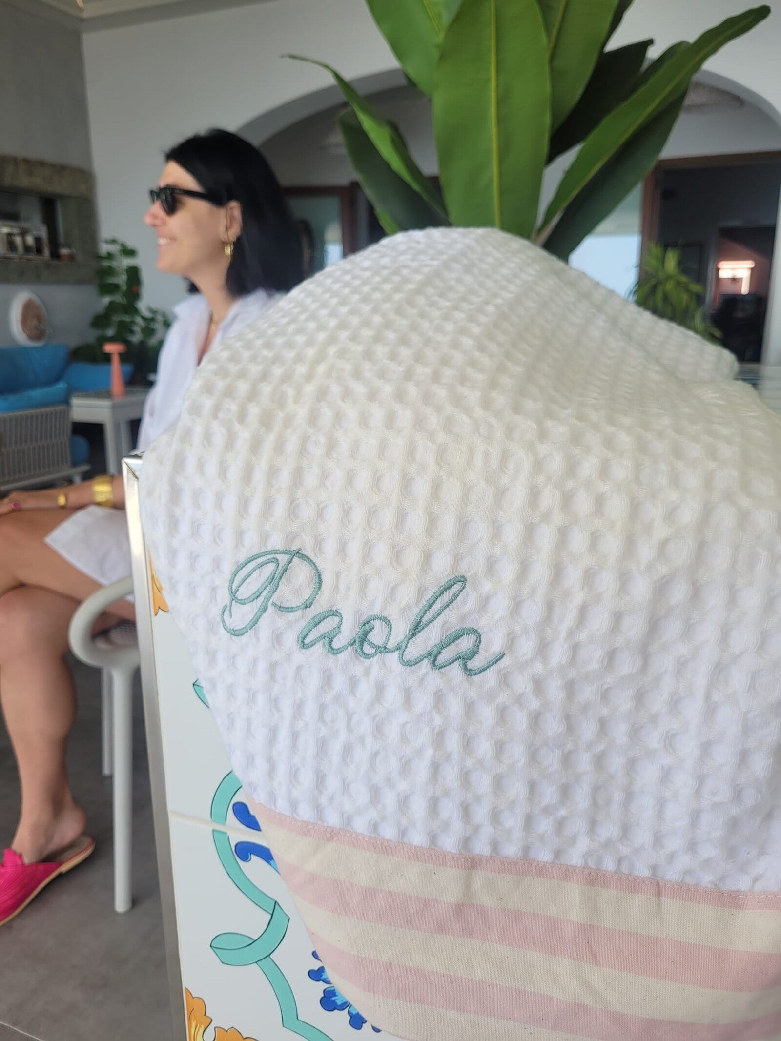 Telo Mare in cotone apone bianco con fascia NAVY