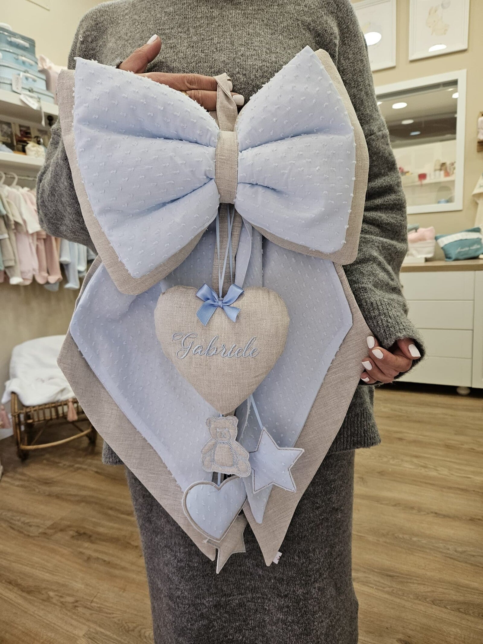 Fiocco Nascita in lino e plumetis modello Leonardo