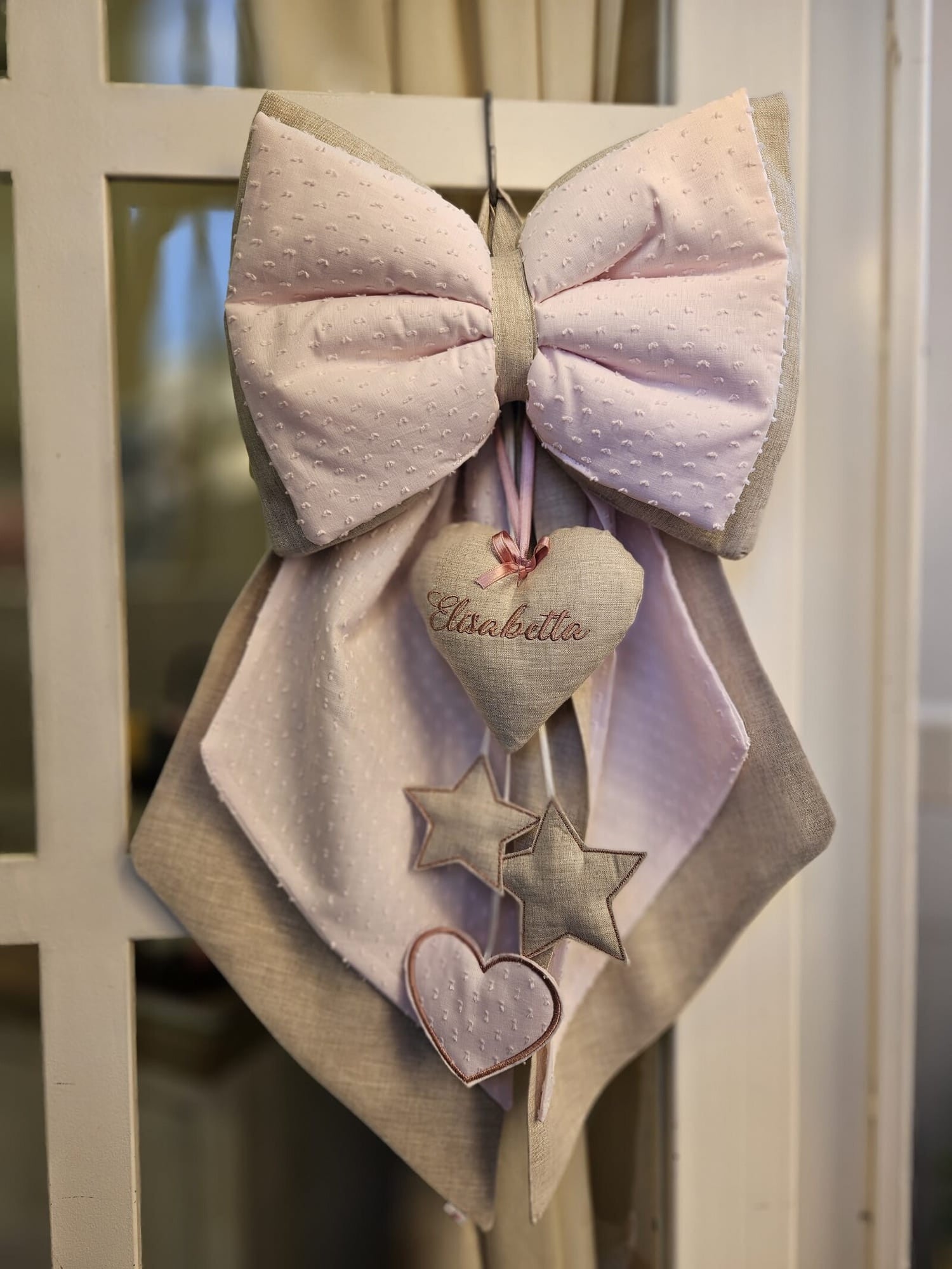 Fiocco Nascita in lino e plumetis modello Leonardo