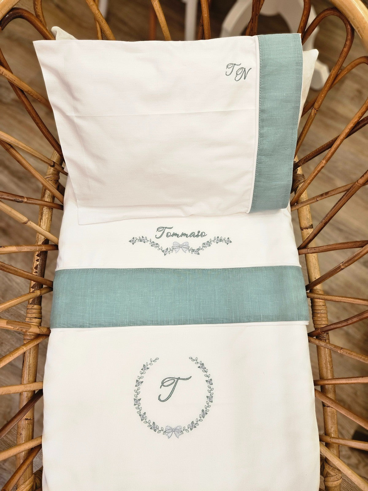 Coordinato nascita Roseline in cotone bianco, Completo in cotone per carrozzina