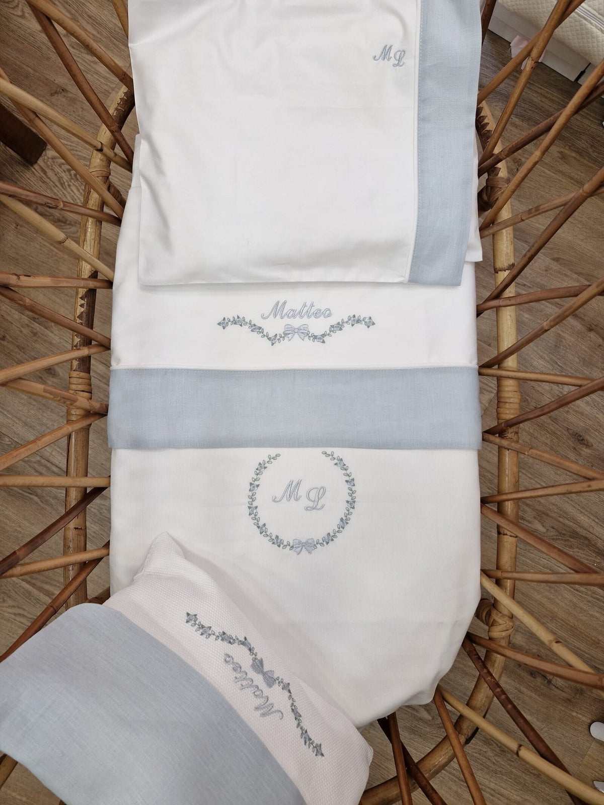 Coordinato nascita Roseline in cotone bianco, Completo in cotone per carrozzina