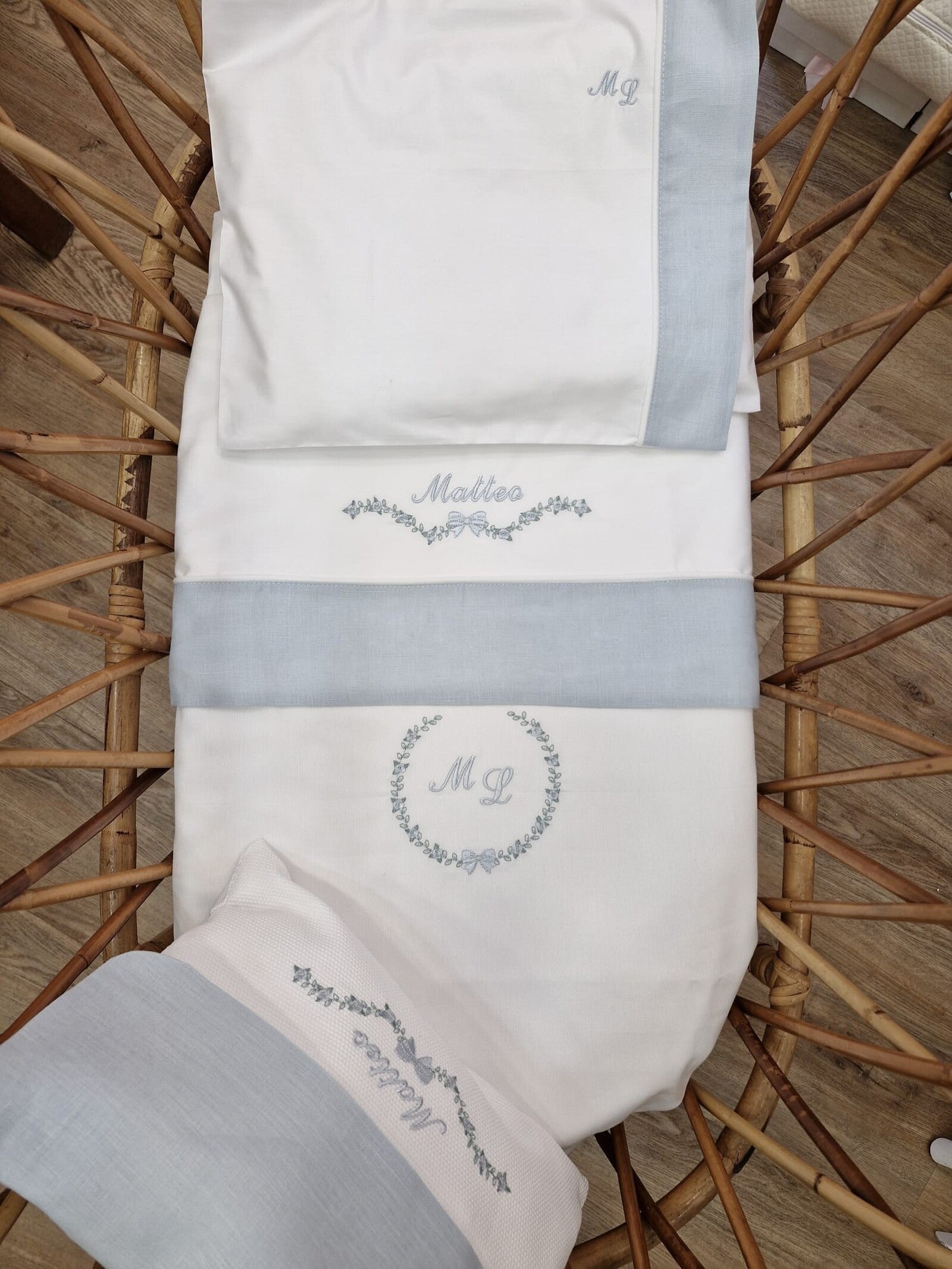 Coordinato nascita Roseline in cotone bianco, Completo in cotone per carrozzina