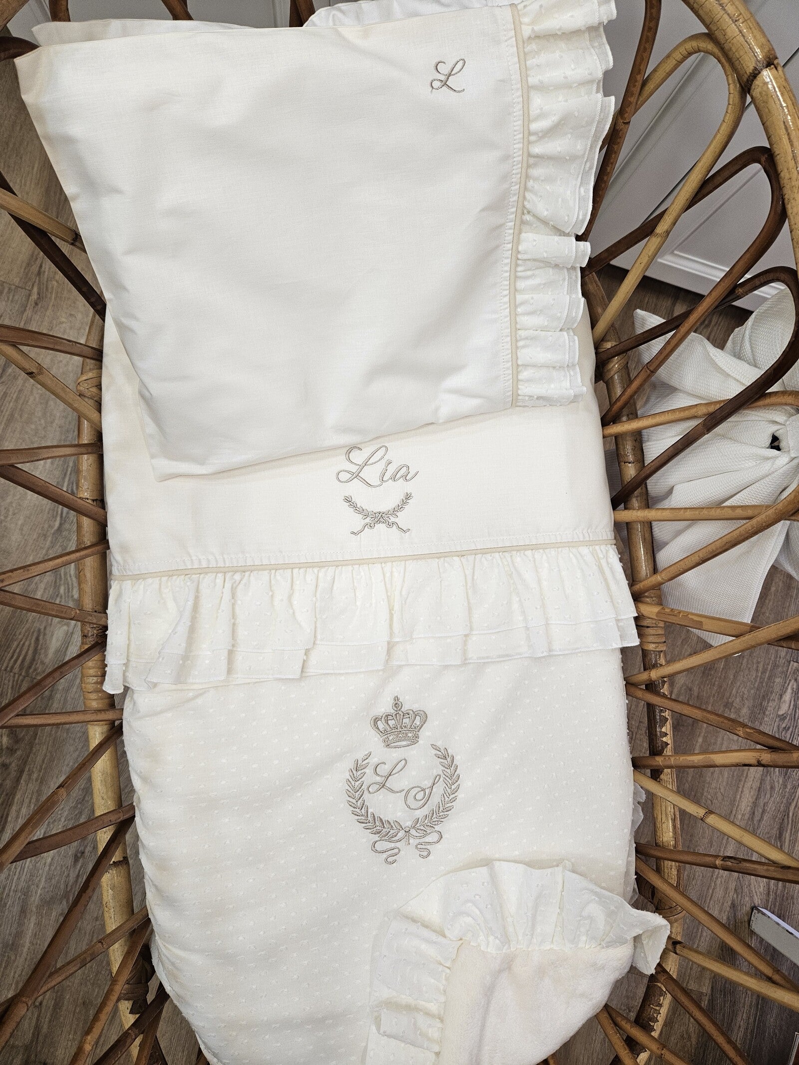 Coordinato nascita panna, Completo in cotone e plumetis