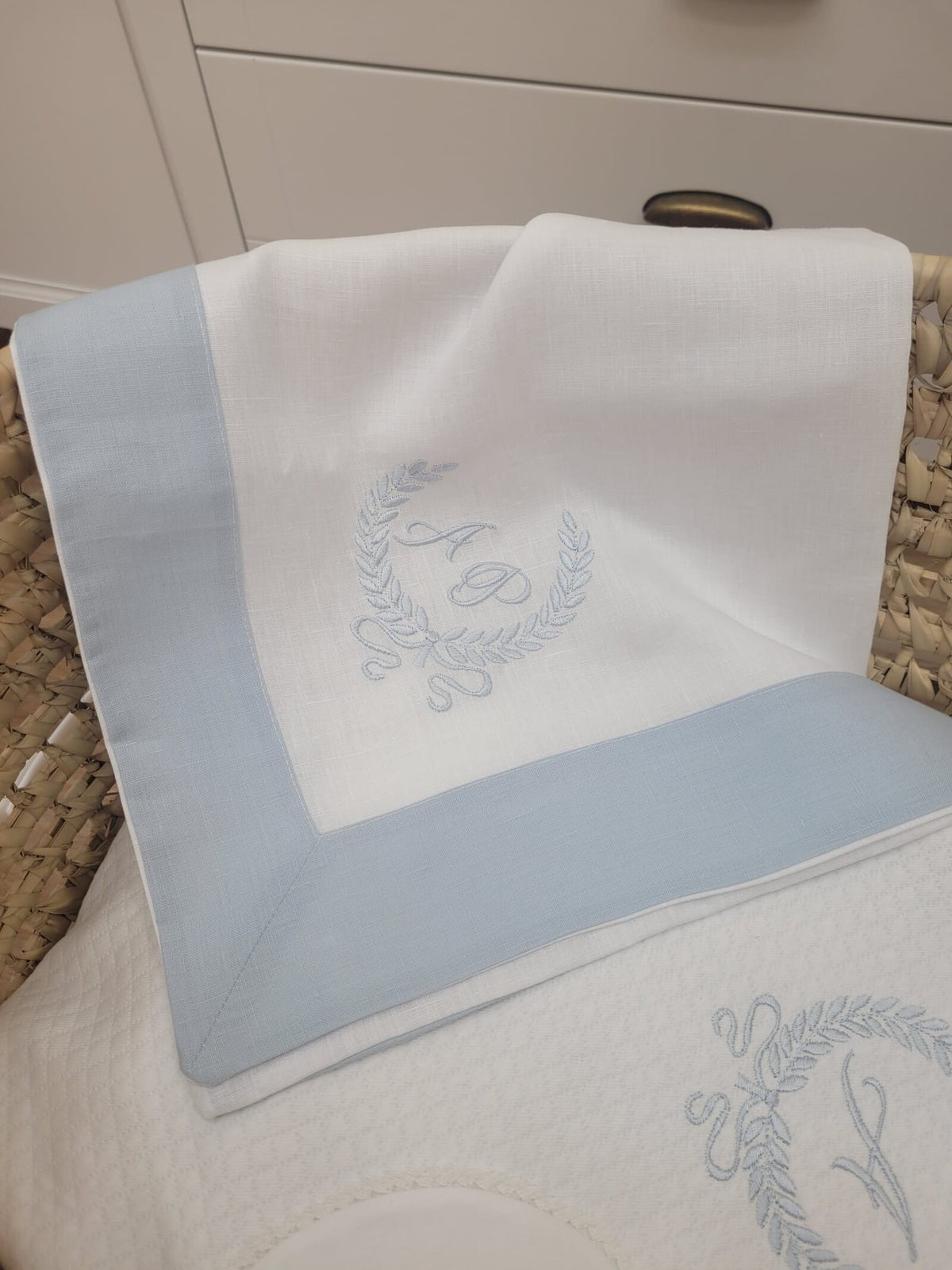 Coordinato culletta, Lenzuolino in lino e pizzo sangallo con copertina