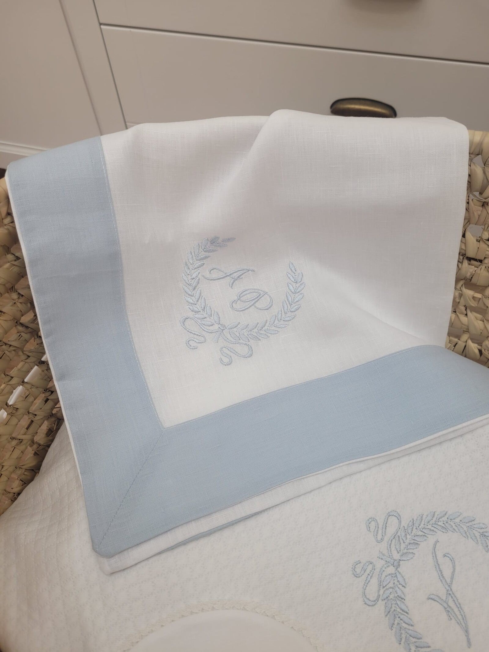 Coordinato culletta, Lenzuolino in lino e pizzo sangallo con copertina