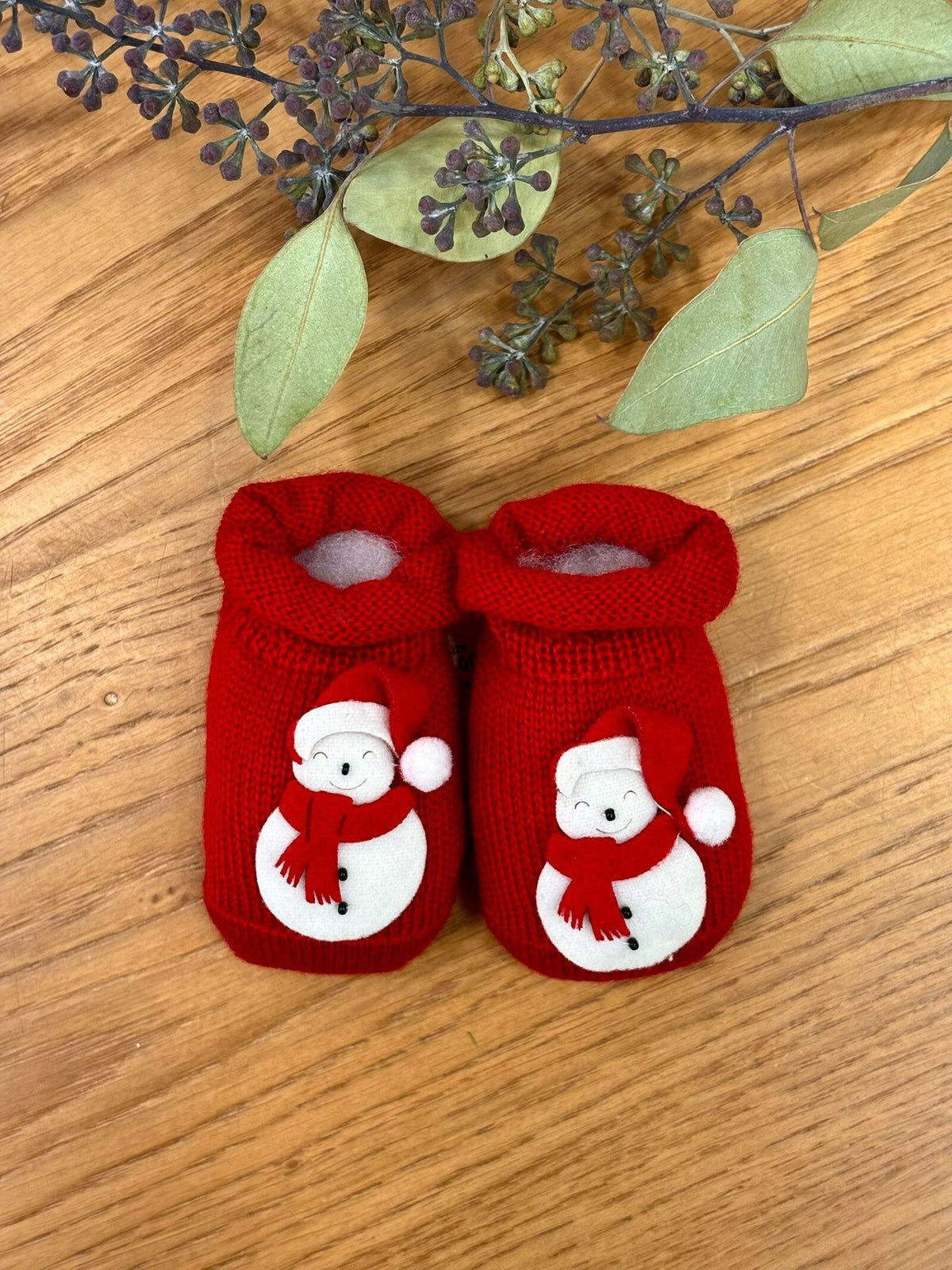 Scarpine neonato in lana con pupazzo di neve di Natale