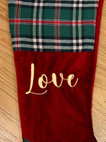 Calza di Natale Love in velluto e tartan con ricamo
