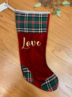 Calza di Natale Love in velluto e tartan con ricamo