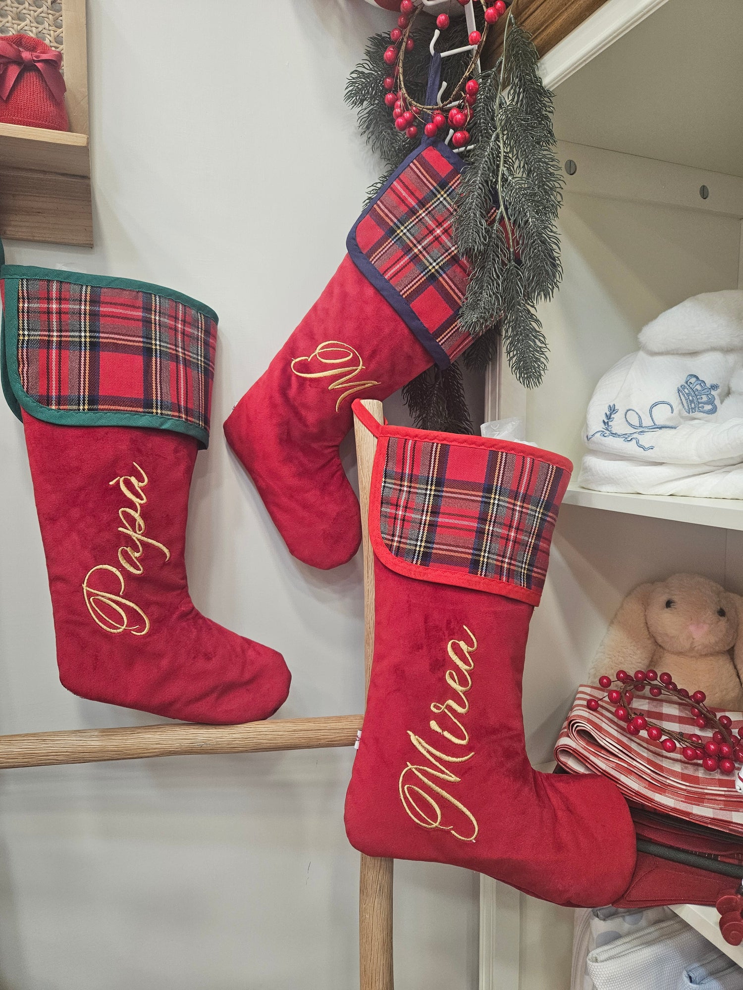 Calza di Natale in velluto e tartan con nome