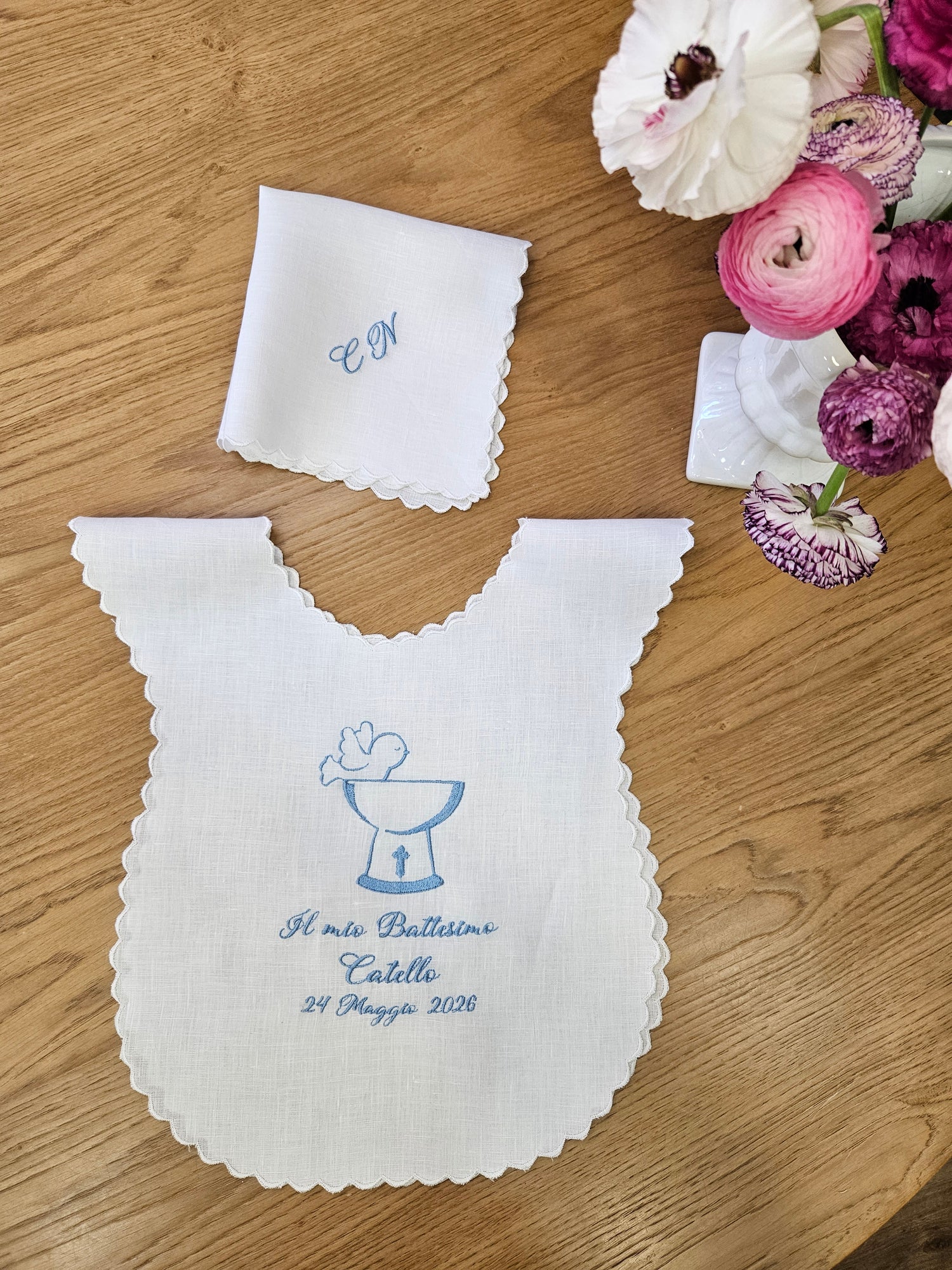 Coordinato Battesimo, Camicino e fazzoletto con smerlo
