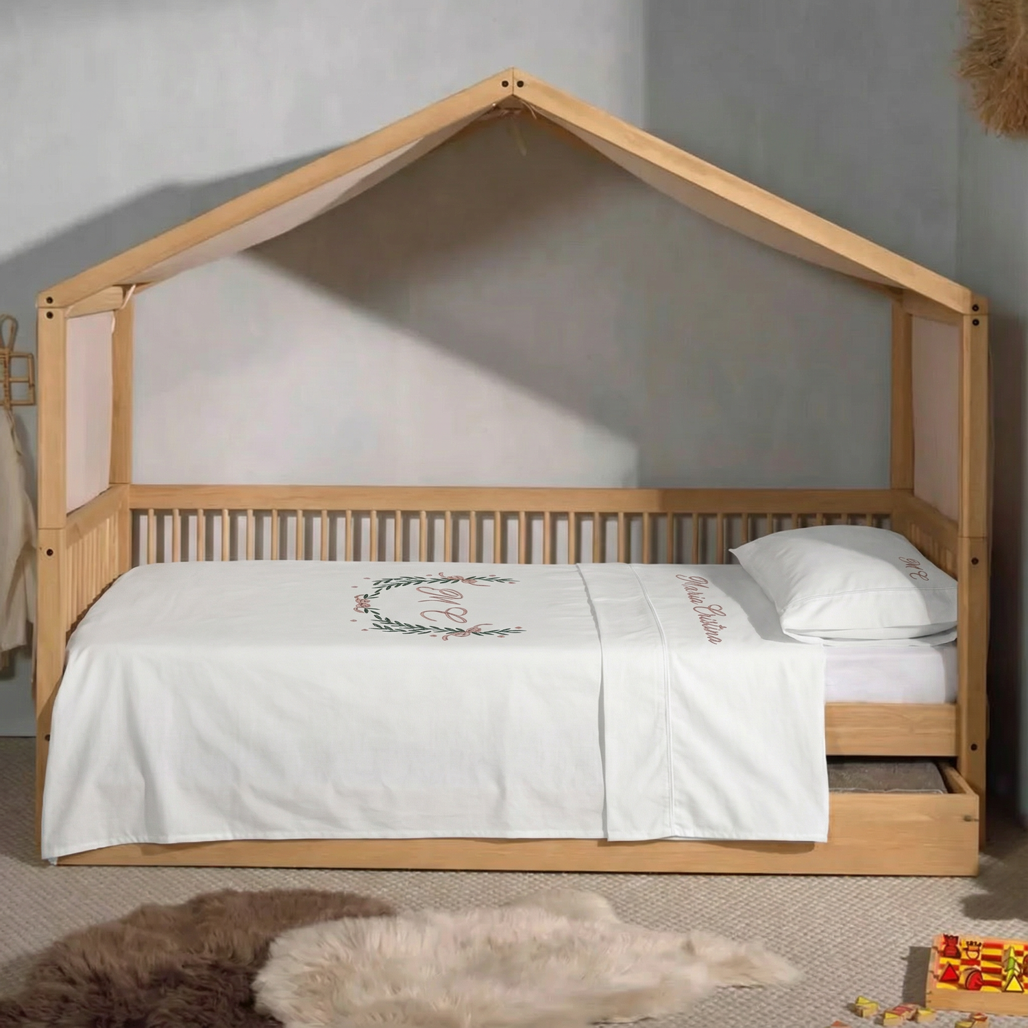 Completo lettino montessoriano, lenzuola e copertina