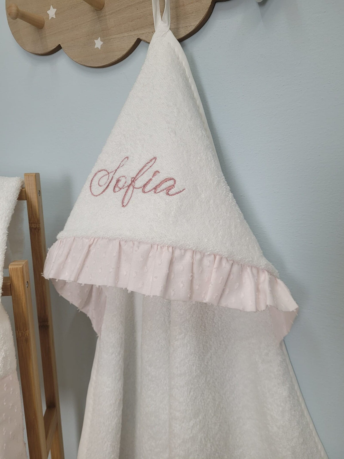 Accappatoio neonato in spugna bianca e rouche in plumetis