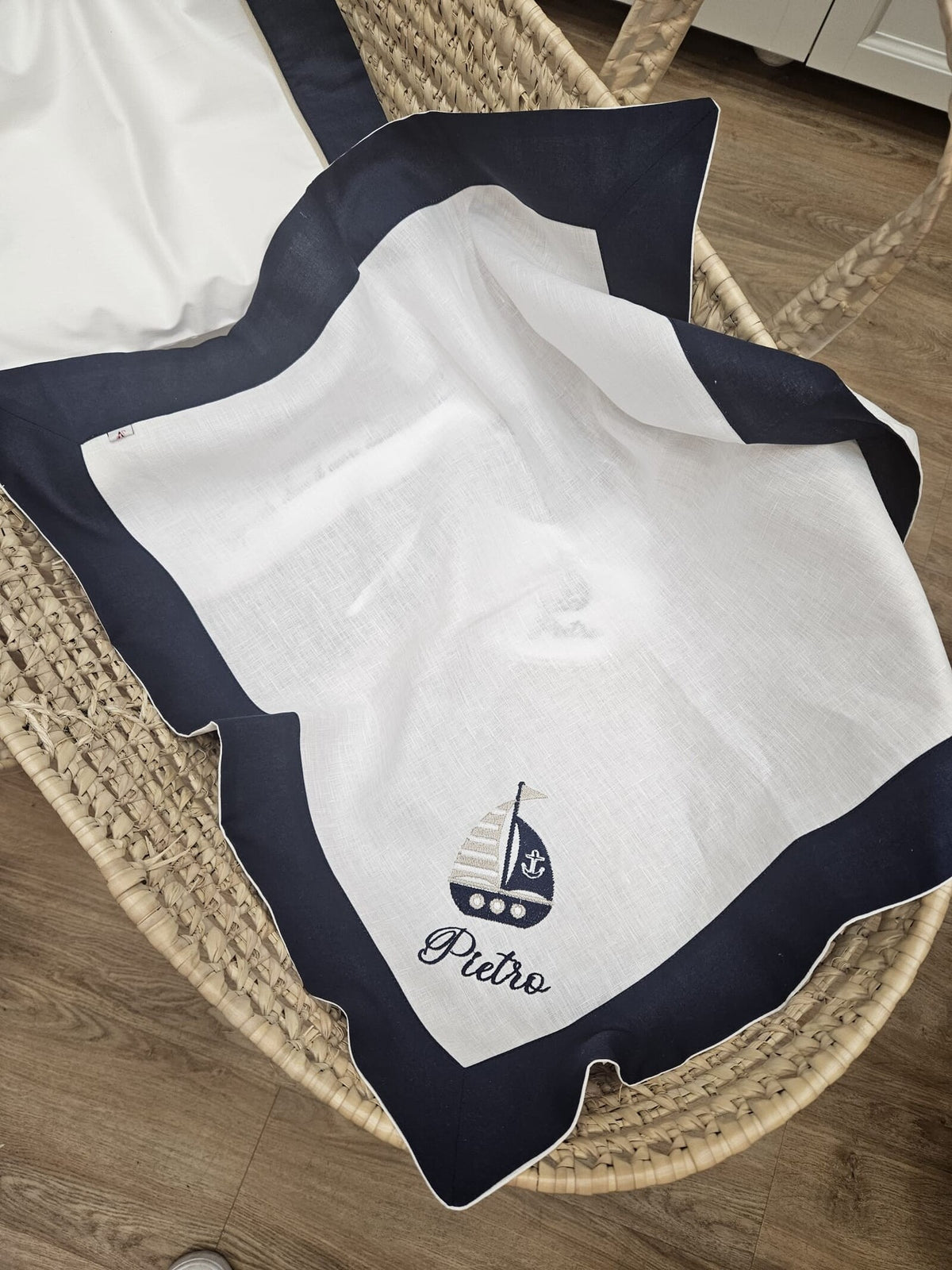 Quadrato Navy in lino bianco