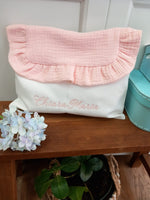 Busta nascita con pattina e rouche in mussola