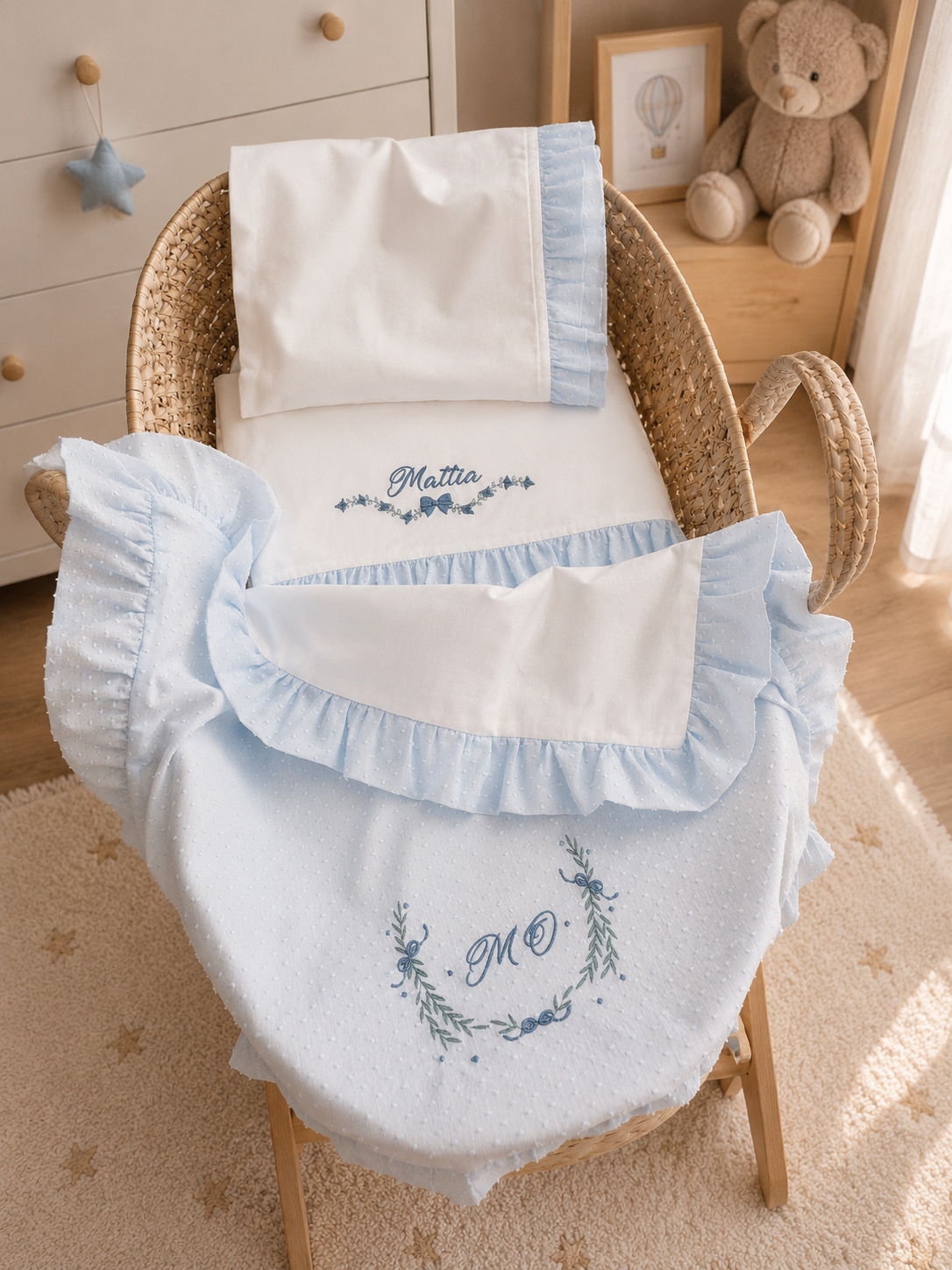 Coordinato nascita, set lenzuola e copertina in cotone e plumetis con rouche